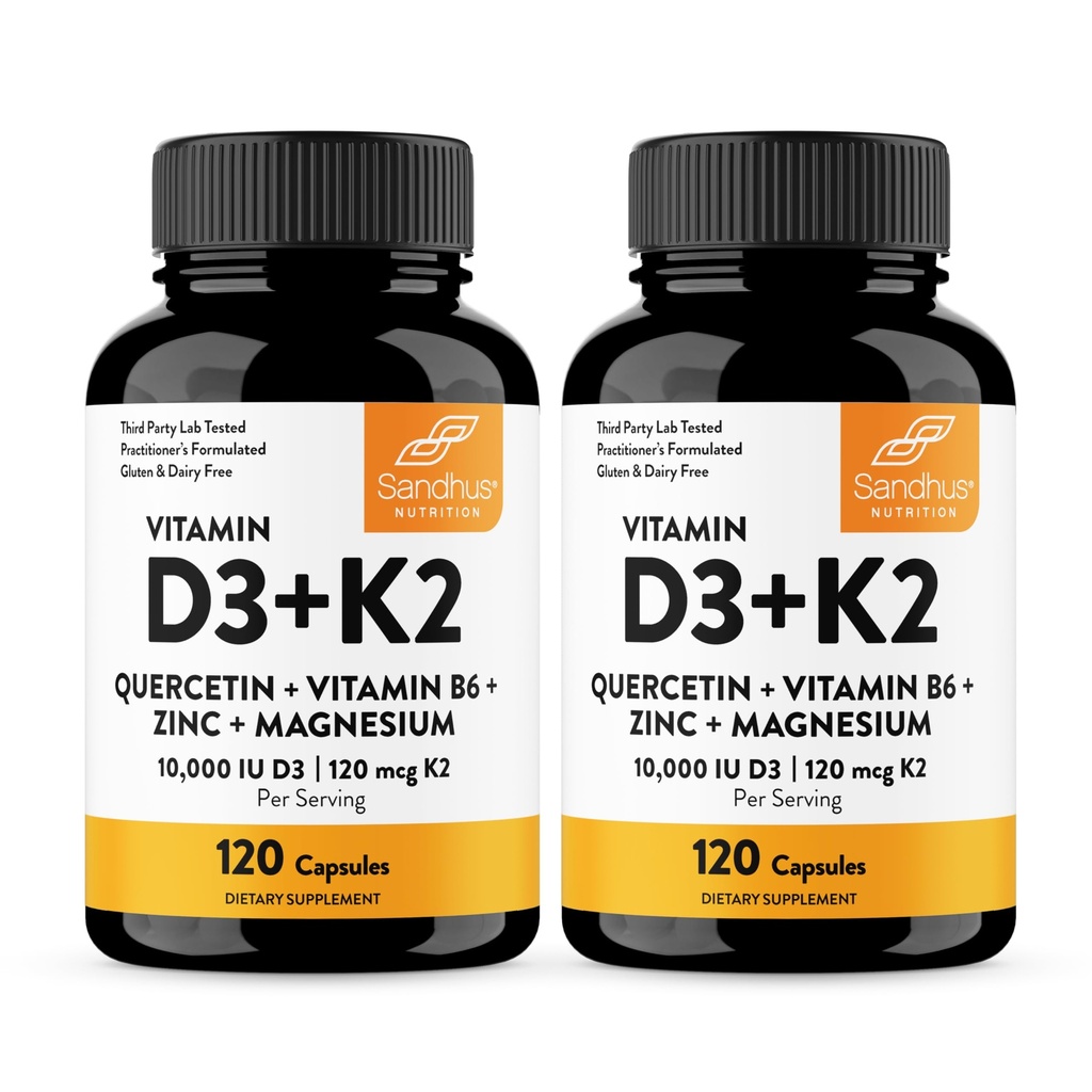 Sandhu's Vitamin D3 K2 Magnesium 10000 IU, 120mcg K2 Capsules 120 Count (Pack of 2) | with VIT B6, Zinc & Quercetin | D3K2 Supports Superior Absorption, Energy, Immune, Muscle Health for Men & Women