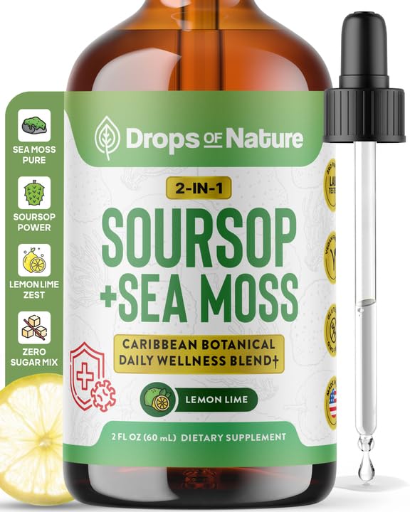 Soursop with Sea Mossנוזל תוספת - יותר ריכוז מאשר Sea Moss Gel - Easily Mix with Drinks - Soursop Bitters נוזל טיפות עבור הידרה ותמיכה החיסון (Lemon Lime, 60mL)