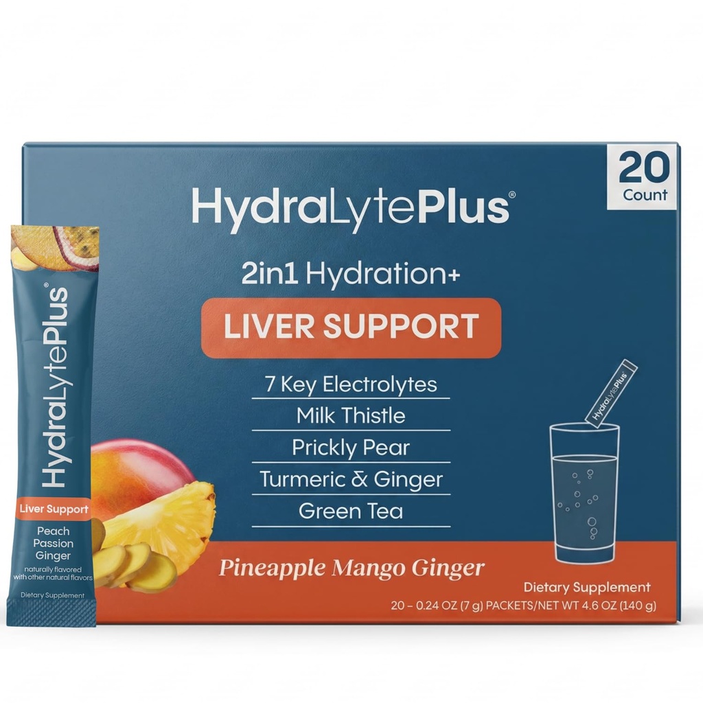 Hydralyte Liver תומך + אלקטרוליט לערבב עם חלב זהtle, Turmeric, ג'ינג'ר, Prickly Pear, תמצית תה ירוק פורמולה עבור Rehydration מהירה (Pineapple מנגו, 20 Packets)