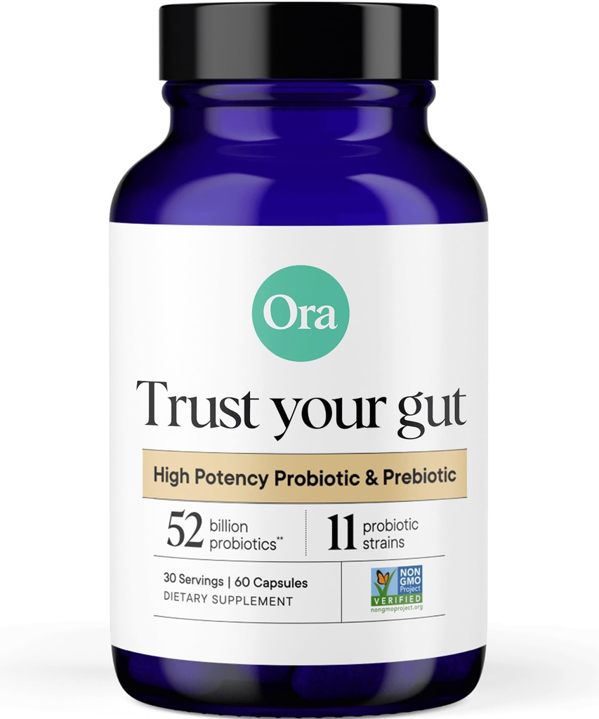 Ora Organic Probiotics with Prebiotics - 52 מיליארד CFU 11 קלינית למד סטרינס לבריאות העיכול, לסמוך על Gut, Gluten Free, 60 קפסולות