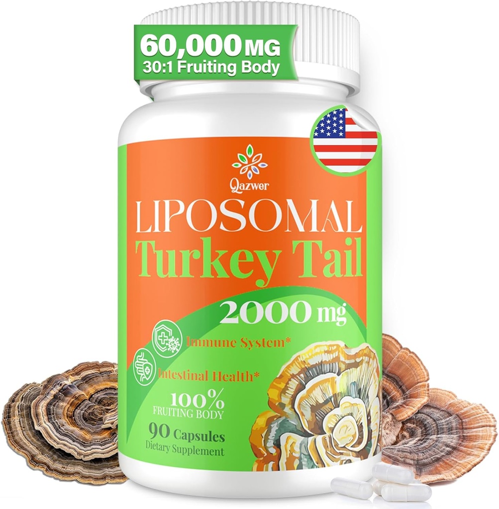 Liposomal טורקיה Tail Mushroom קפסולות, High Absorption אורגני טורקיה Tail Mushroom 2000MG: 30:1 פרי הגוף; תוספת לבריאות העיכול, אנרגיה ותמיכה הון, non-GMO -90 קפסולות