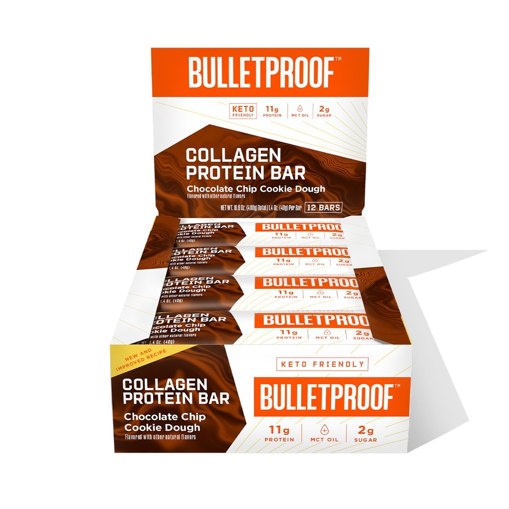 עוגיות שוקולד חסומות צ'יפ Dough Collagen חלבונים Bars, Pack of 12, Keto-ידידותי עם שמן MCT, Grass-fed Collagen, no added Sugar