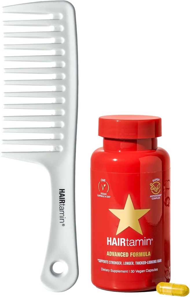 Hairtamin Advanced Vegan Biotin תוסף Pack | שיער, עור וניק ויטמינים עם Gentle Detangling Comb כדי לקדם צמיחה והתאמה