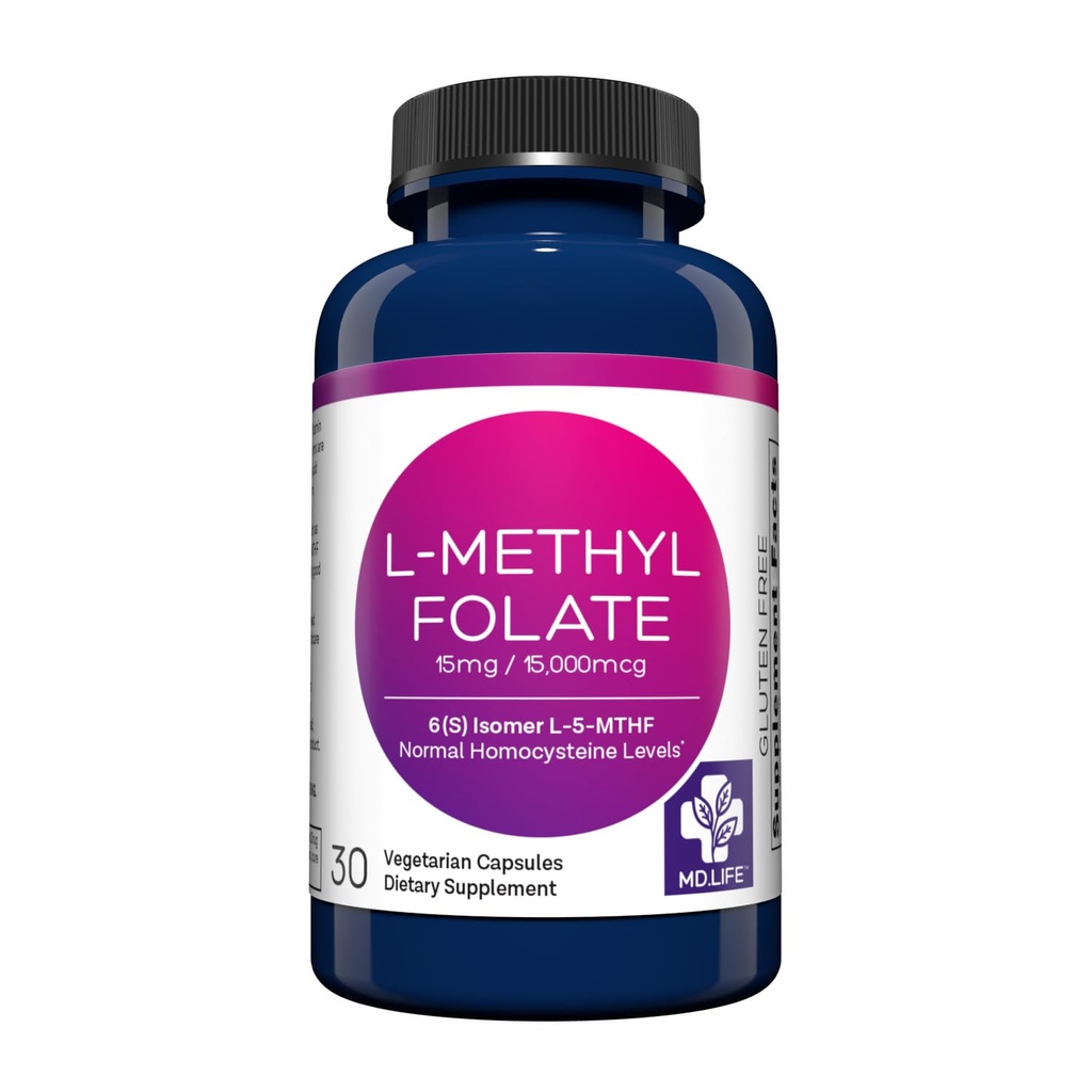 MD Life L-Methylfolate 15 מ"ג תוסף - Professional-Grade Active L Methylfolate תוסף - 30 קפסולות - L-Methylfolate 15 מ"ג - כוח מקסימלי MTHFR W / Essential Amino Acids