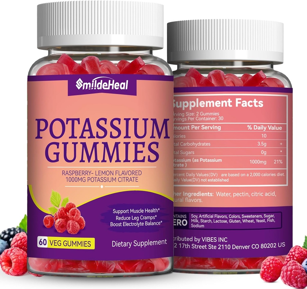 2 Pack Potassium תוספת חניכיים 1000mg, Potassium חניכיים למבוגרים, תמיכה Cramps & שריר בריאות - טבעוני, Non-GMO, 120 Count