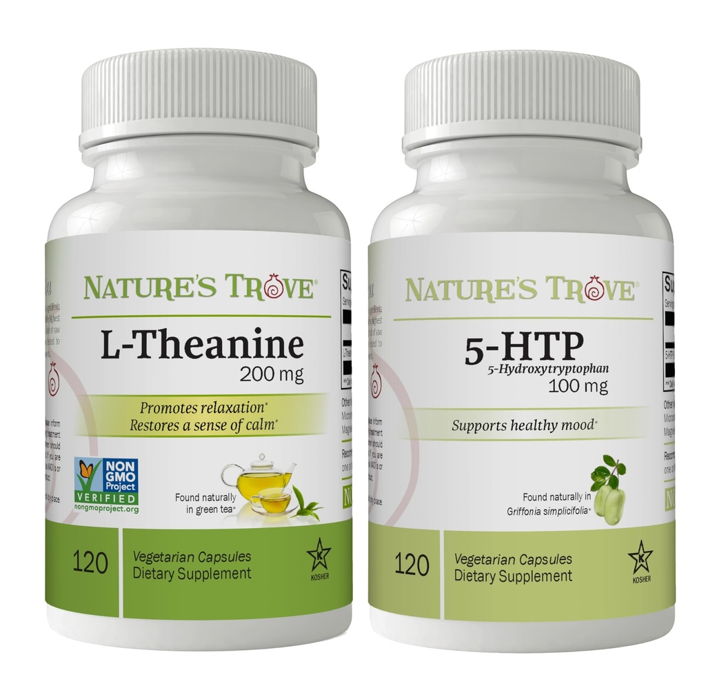 Nature's Trove L-theanine 200 מ"ג 120 קפסולות צמחוניות ו-5HTP 100 מ"ג 120 קפסולות צמחוניות - Calm & Healthy Mood Stack