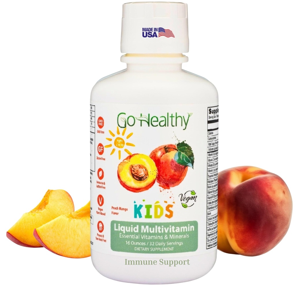 Go Healthy Kids Liquid Multivitamin, Immune Support, Kid Liquid Multivitamins, ויטמינים טבעוניים גבוהים, ילדים ויטמין Multivitamin Peach מנגו - 30-60 משרתים