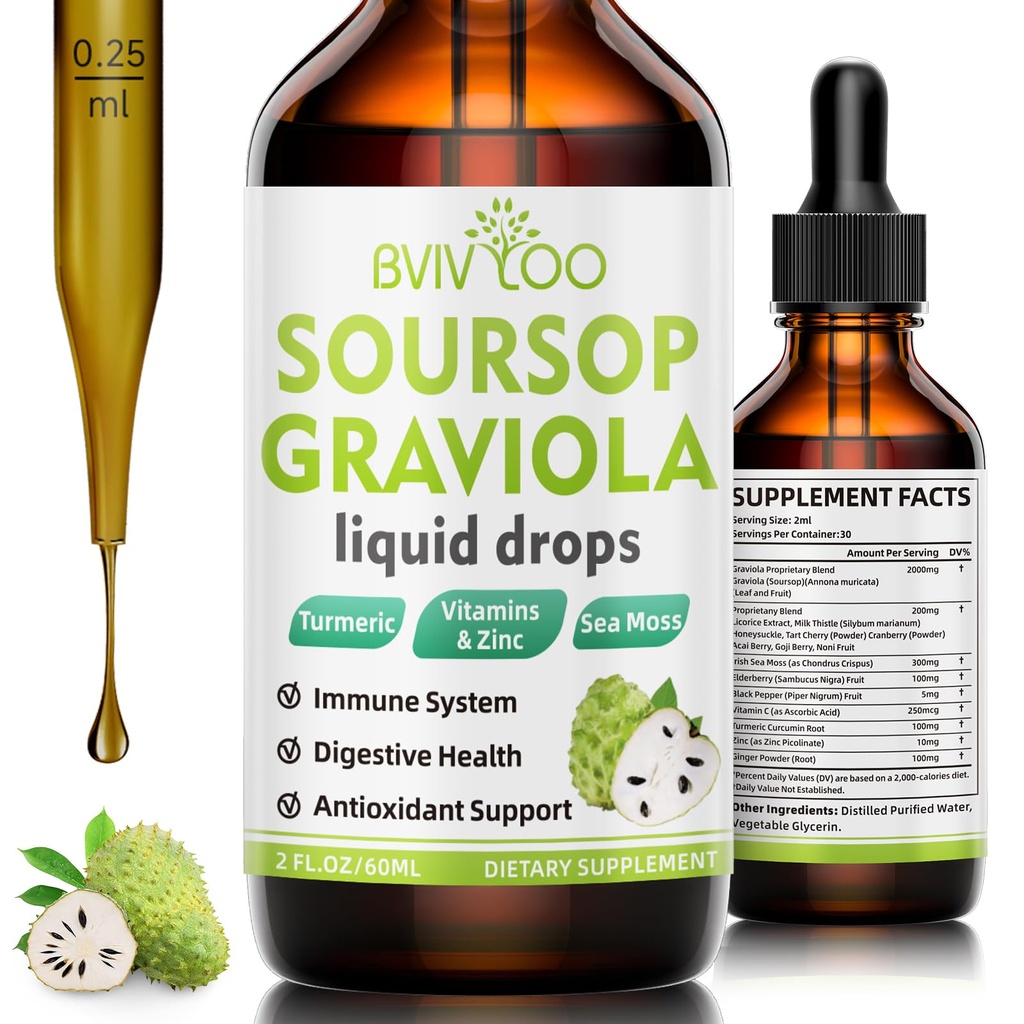 Soursop Graviola נוזל טיפות - 2000 מ"ג טהור Soursop לחלץ מעורבב עם 300 מ"ג ים ים Mos & 100 מ"ג Elderberry - Powerful Cell Support, Antioxidant-Rich, Immune-Boosting - 2 Fl Oz (60 מ"ל) בקבוק