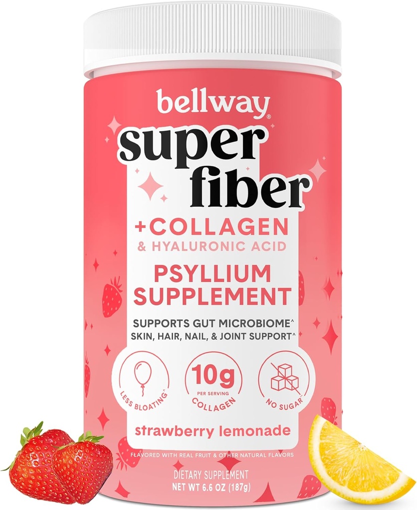 Bellway Super סיבים אבקה + Collagen, אבקת Psyllium Husk ללא סוכר עם Collagen Peptides ו Hyaluronic Acid for Gut Health, Skin, Nails, Bones & Joints, Strawberry Lemonade (11 משרתים)