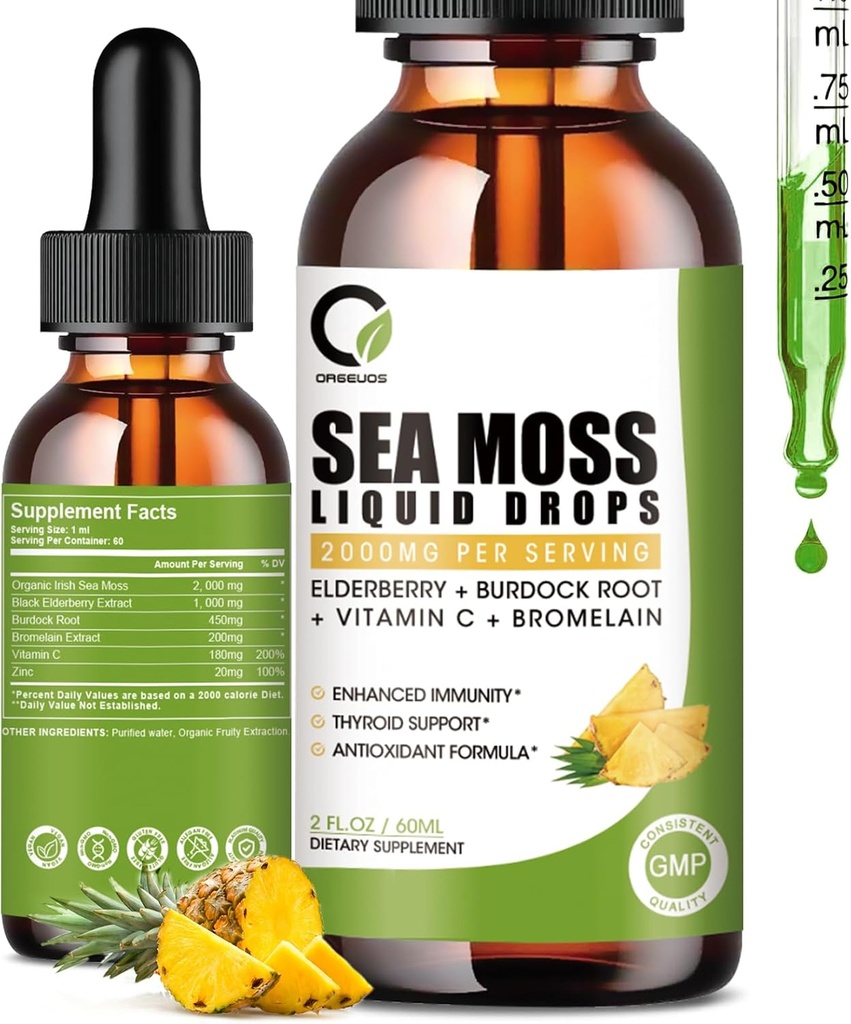 Sea Moss Drops 2000 מ"ג, אירי הים Moss תוספת תמיכה Immunity, עם Black Elderberry, Burdock Root, Bromelain, C & Zinc, 2 Fl.Oz, Pineapple Flavoror