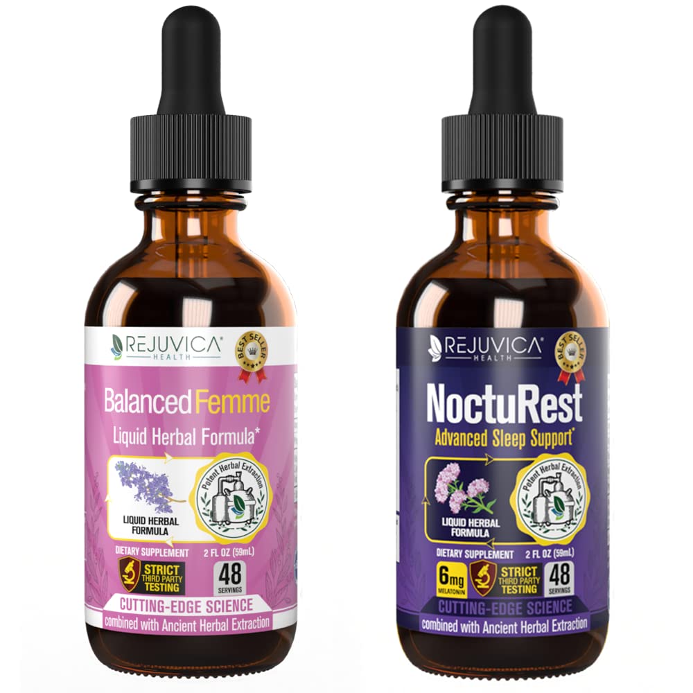 Rejuvica Health Balanced Femme + NoctuRest - תמיכה נשים איזון + שינה - משלוח נוזלי עבור Better Absorption - Dong Quai, Melatonin, Maca, Hops, Chamomile, Theanine & More!