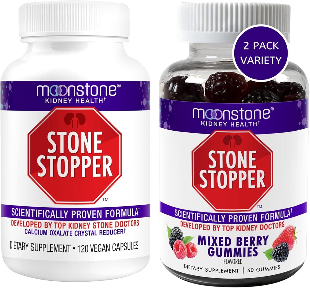 Moonstone Kidney Stone Stopper כמוסות וחניכיים, Outperforms Chanca Piedra Stone Breaker & Kidney Support Supplements, שפותח על ידי אורולוגים כדי למנוע קידני סטונס, ברי (Variety 2 Pack)