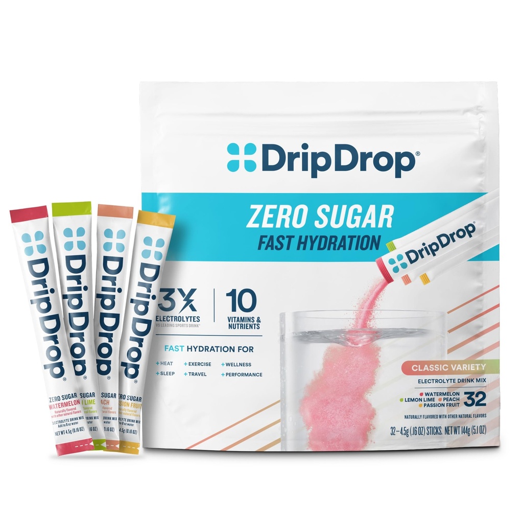 DripDrop Sugar Freehydrtion Packets - Zero Classic Variety Pack - Single Serve Electrolytes אבקת לשתות Mix - לימון Lime, Watermelon, Peach, Passion Fruit - non-GMO, Gluten Free, טבעוני - 32 מקלות