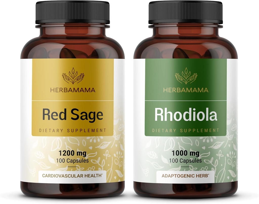 HerBAMAMA Red סייג' ו-Rodiola Kit - Bundle של 1200 מ"ג Red Sage Dan Shen & 1000 מ"ג Rhodiola Rosea כמוסות - טבעוני, non-GMO, Sugar & Gelatin-Free - 2 Pack