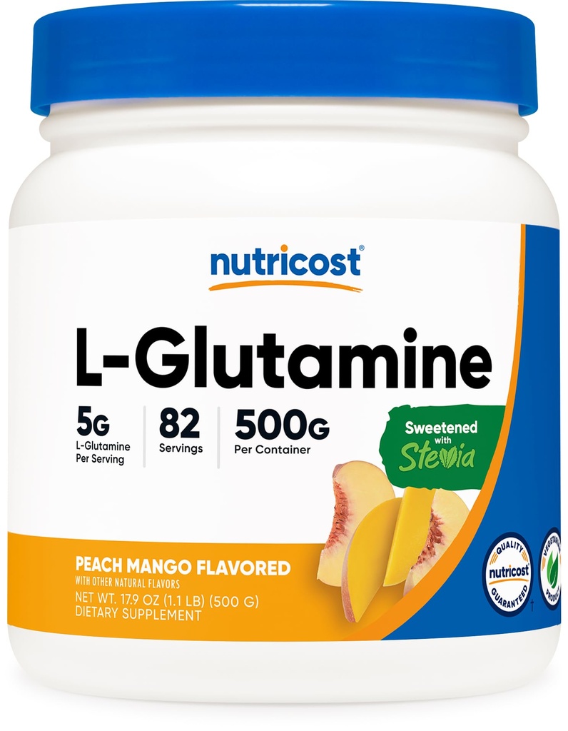 אבקת מזון L-Glutamine המתוקה עם Stevia (500 גרמות, Peach מנגו) - תוספת לתמיכה ב- Gut, 5 גרמות של L-Glutamine Per המשרת - Gluten Free, non-GMO