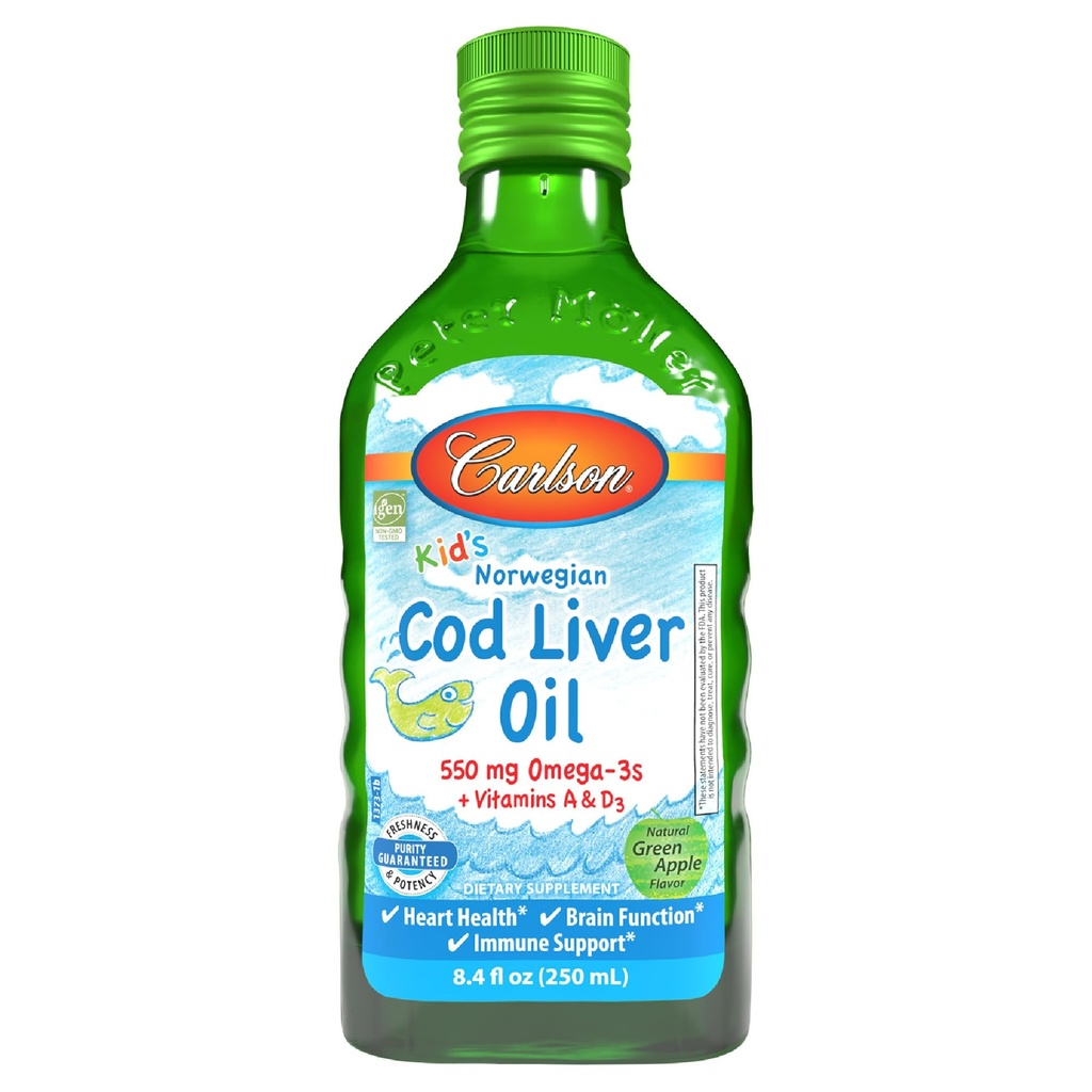 קרלסון - שמן Cod Liver של Kid, 550 מ"ג אומגה 3s, פלוס ויטמינים A ו D3, שמן דגים נוזלי, Wild שנתפס נורוויג'ן הארקטי קוד, שמן דגים נורדי, ירוק אפל, 250 mL (8.4 Fl Oz)