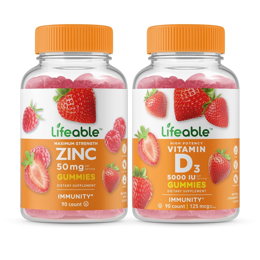 Lifeable Zinc 50mg + ויטמין D 5000 IU, חניכיים בונדלה - גדול Tasting, ויטמין תוסף, Gluten Free, GMO Free, Chewable Gummymy