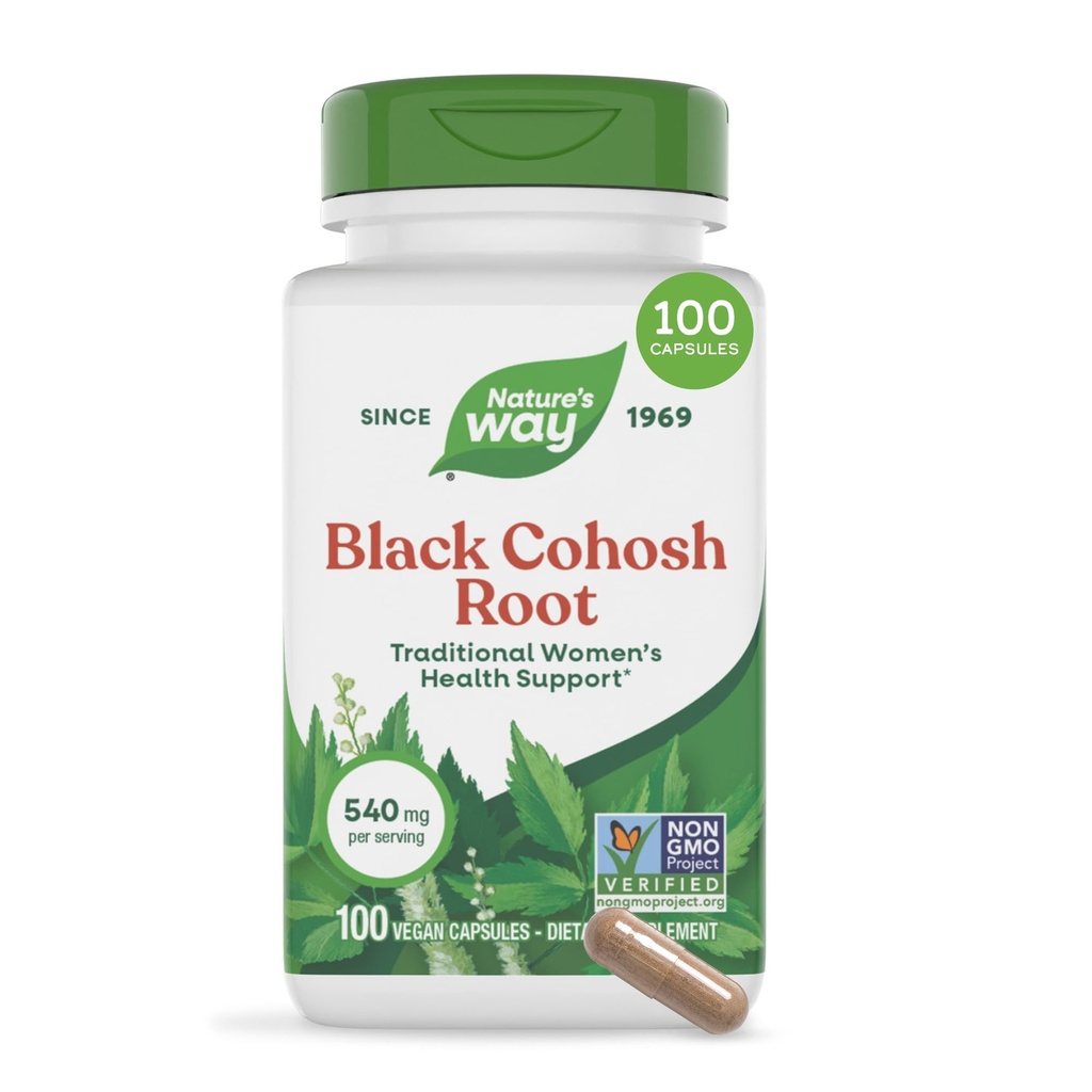 Nature's Way Black Cohosh Root, תמיכה מסורתית לבריאות האישה *, 540 מ"ג לשרת, פרויקט Non-GMO מאומת, 100 קפסולות
