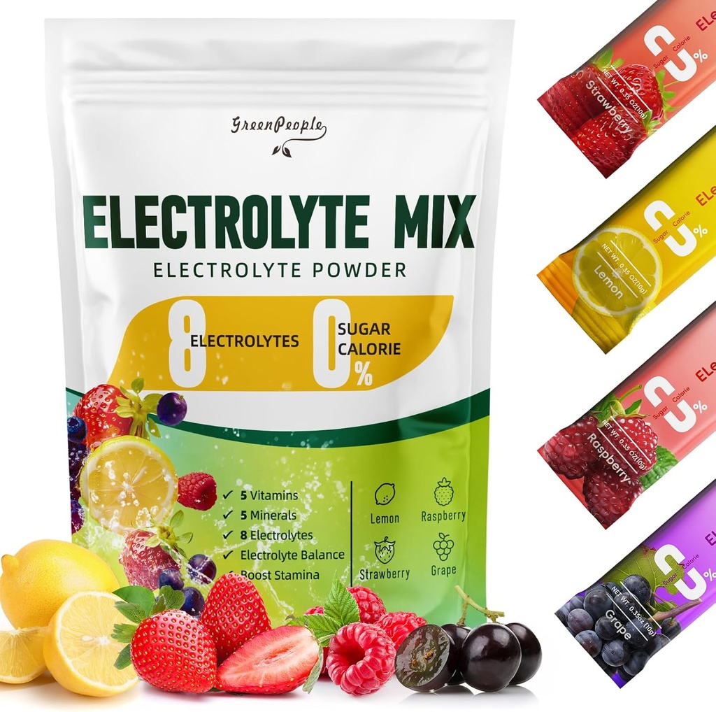 אבקת GREENPEOPLE אלקטרוליטים No Sugar - Sugar Free hydrohydrtion Electrolyte Packets - Fruit Mix Mix Mix - 8 אלקטרוליטים 5 ויטמינים ומינרלים טבעוניים non-GMO 16 Sticks