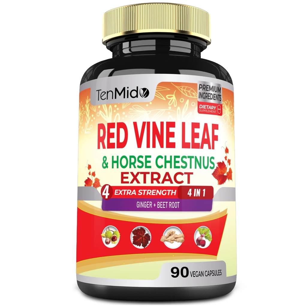 Red Vine Leaf Extracts - with Horse Chestnut, Beet Root, ג'ינג'ר - תוסף צמחי ללב, Leg Vein & Energy - 90 קפסולות טבעוניות במשך 45 ימים