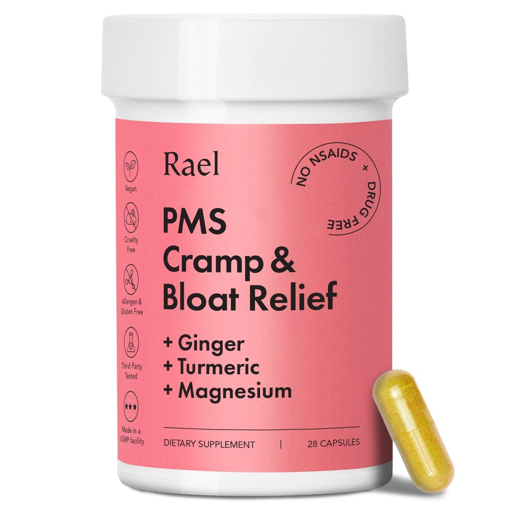 Rael PMS תוסף, הורמון איזון לנשים, הקלה מ- Menstrual Cramps, תקופת Bloating, Mood Swings טיפול עם Turmeric, ג'ינג'ר, מגנזיום, No NSAIDs, טבעוני (28 קפסולות)