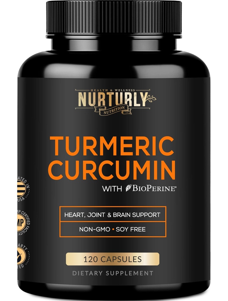 כורכומין Turmeric Curcumin עם BioPerine Black Pepper ו-95% Curcuminoids - תוספי טרמפציה גבוהה Turmeric תוספת 1300 מ"ג לבריאות הלבה - non-GMO, Gluten Free - 120 קפסולות