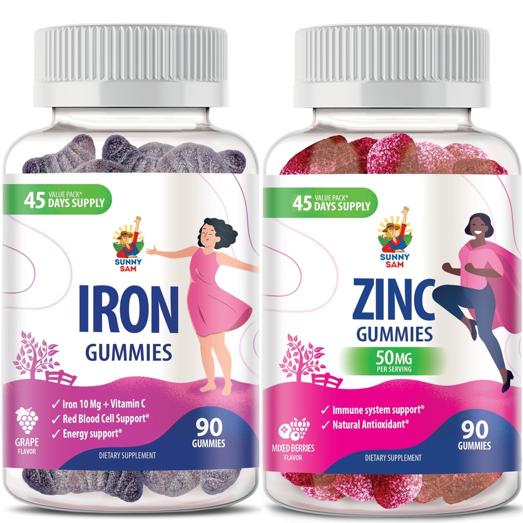 Zinc Gummies for Adults & Iron Gummies for Adults - Iron Vitamins with Vitamin C, 10mg per Serving - Iron Chewable Fruit Gummy for Immune Support Red Blood Cell Production, Zinc Chewable Gummy f