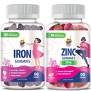 Zinc Gummies for Adults & Iron Gummies for Adults - Iron Vitamins with Vitamin C, 10mg per Serving - Iron Chewable Fruit Gummy for Immune Support Red Blood Cell Production, Zinc Chewable Gummy f