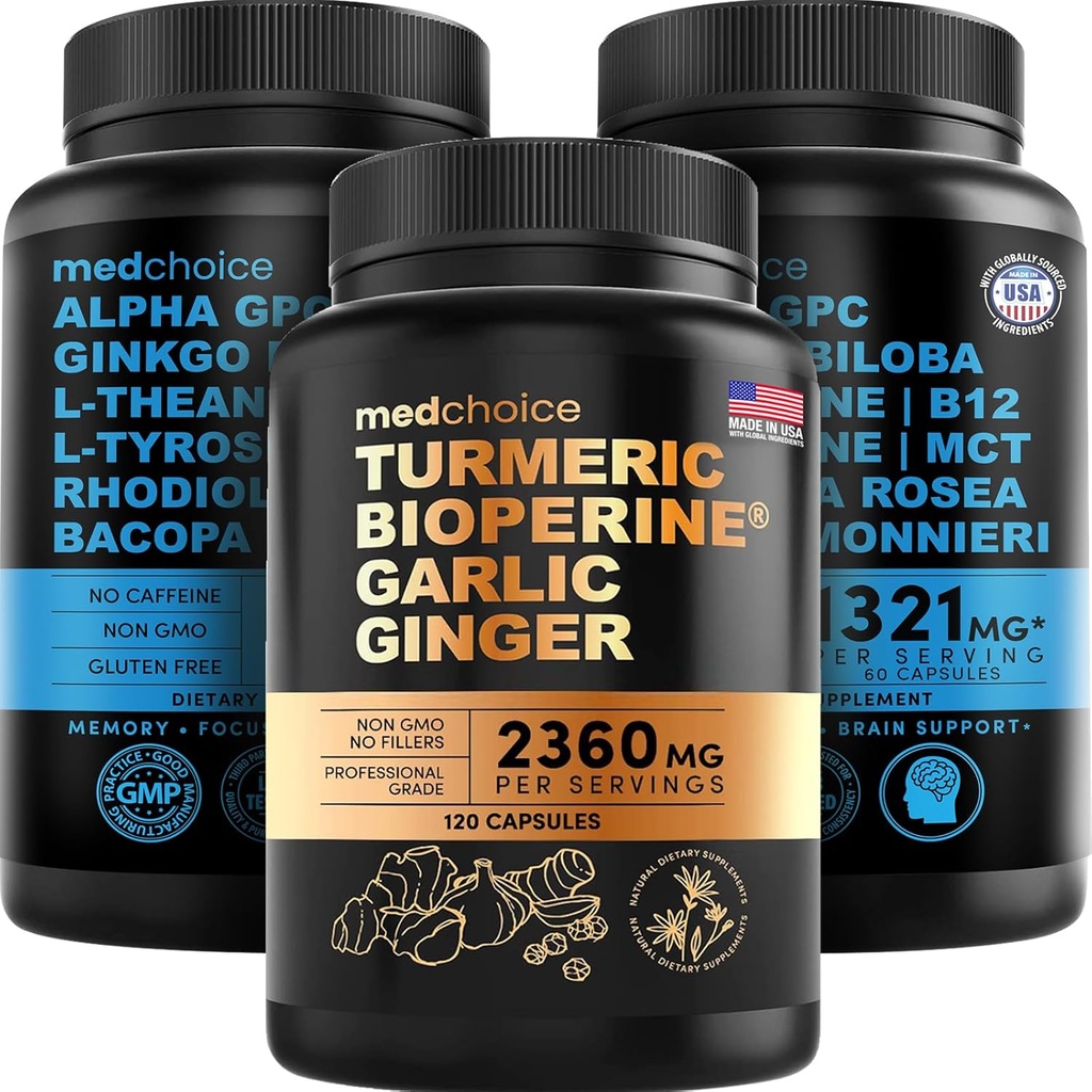 MEDCHOICE Turmeric & ג'ינג'ר (120ct) ו- Nootropic Brain (120ct) תוסף Bundle - Wellness Duo for Joint, Digest, Brain, & Mood Support - טבעוני, Non-GMO, Gluten-FreeFree