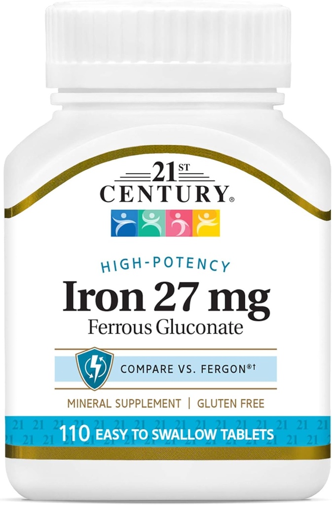 21st Century Iron 27 Mg Ferrous Gluconate טבליות, 110Count