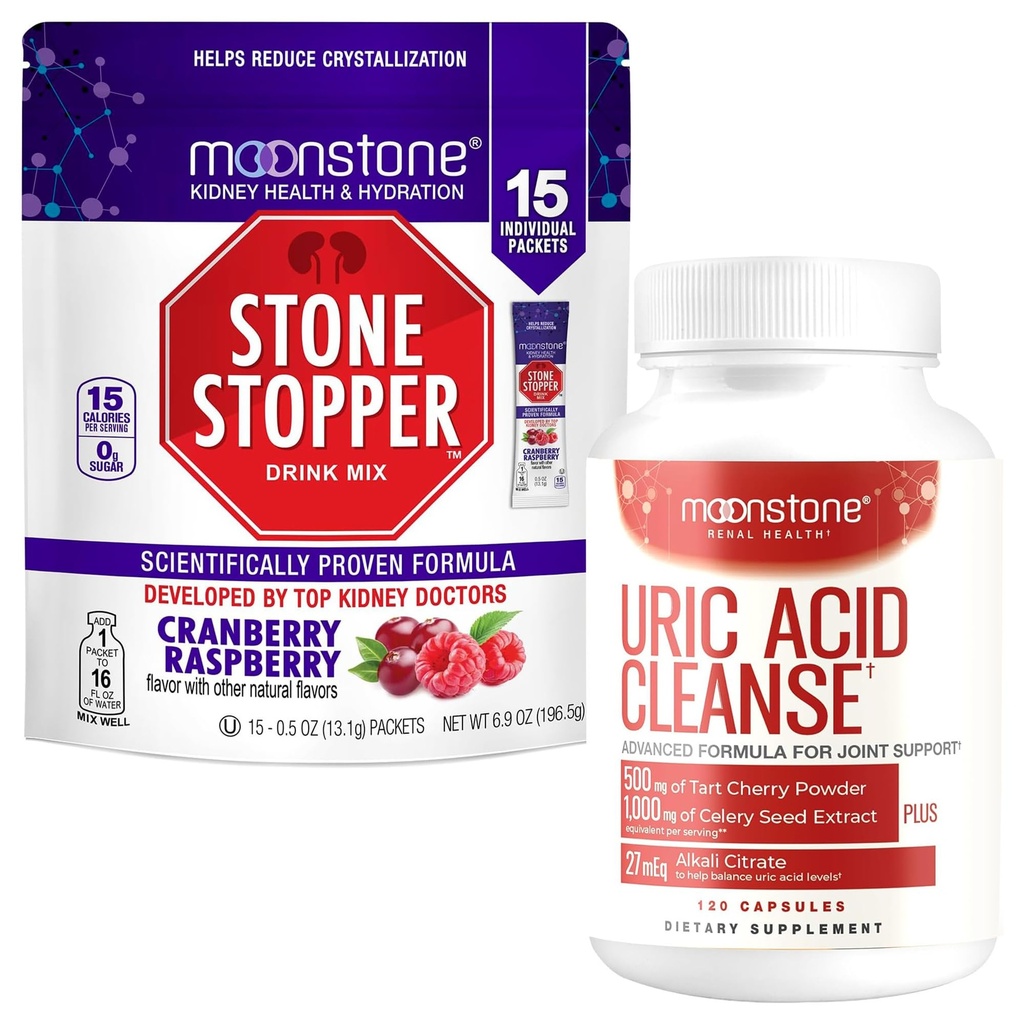 Moonstone Stone Stopper Drink Mix 15-Day Supply Cranberry/Raspberry + Uric Acid Bundle