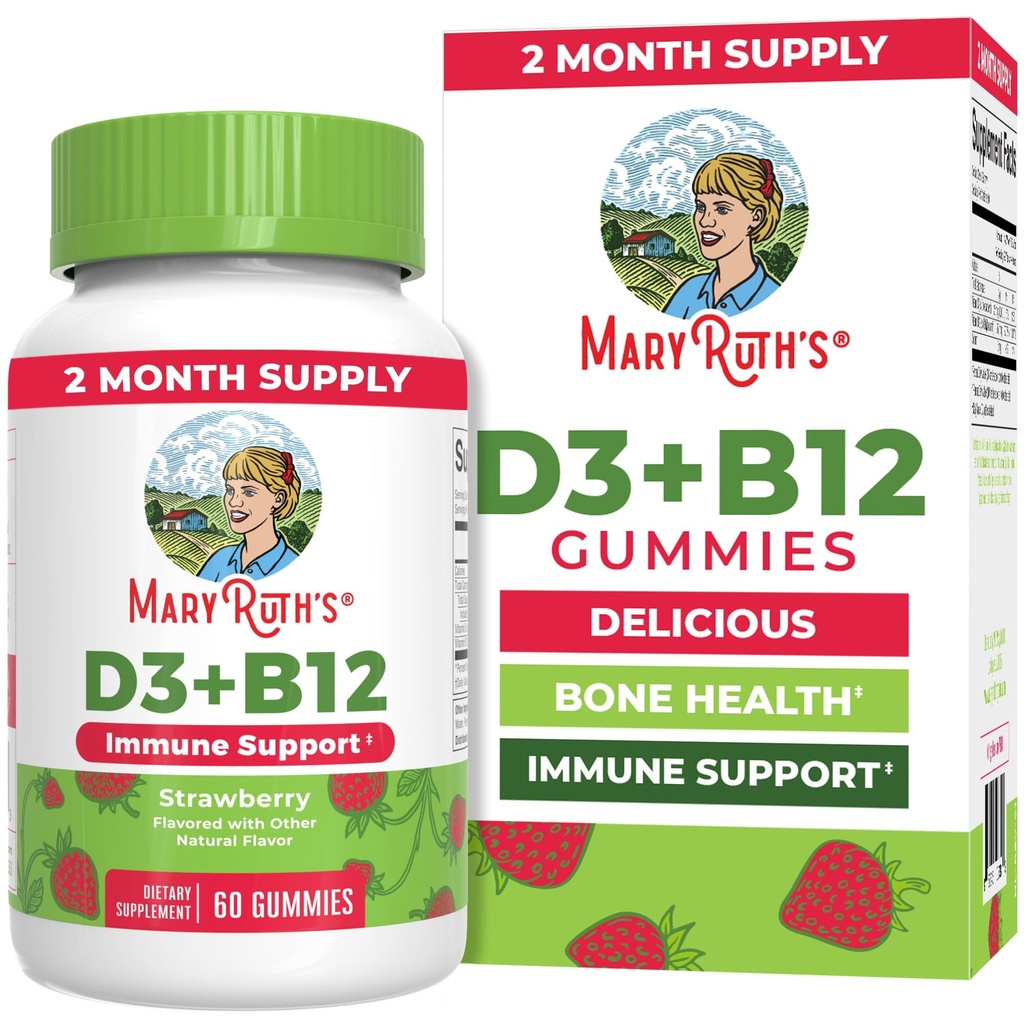 MaryRuth Organics ויטמין D3 + ויטמין B12 חניכיים | 2 חודשים אספקה | תמיכה בריאות העצם | Immune Support Supplements