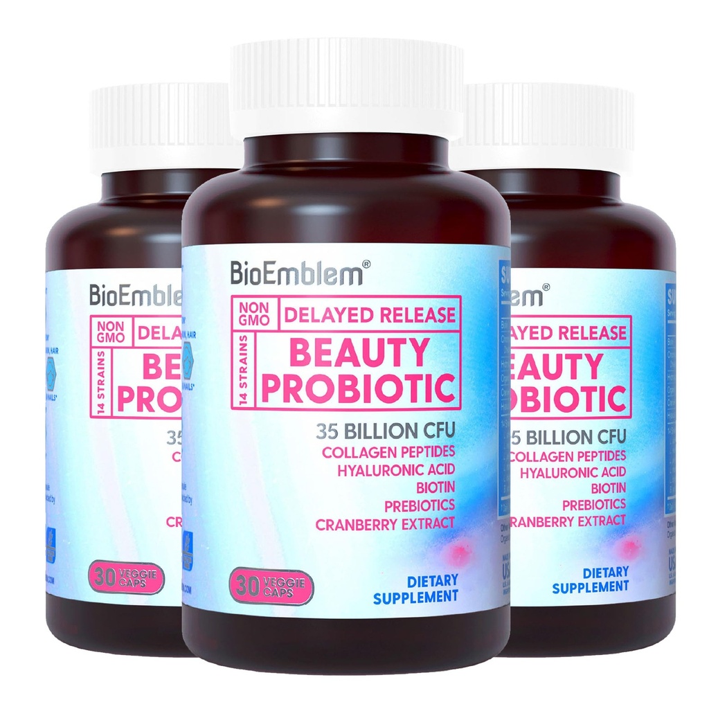 Bio Emblem Beauty Probiotics for Women, 35 מיליארד CFU 14 סטרינס עם Biotin, Collagen, Prebiotics for Digestive Health, Hair Skin and Nails, Vaginal Probiotics Supplement, Shelf Stable, 90 Caps