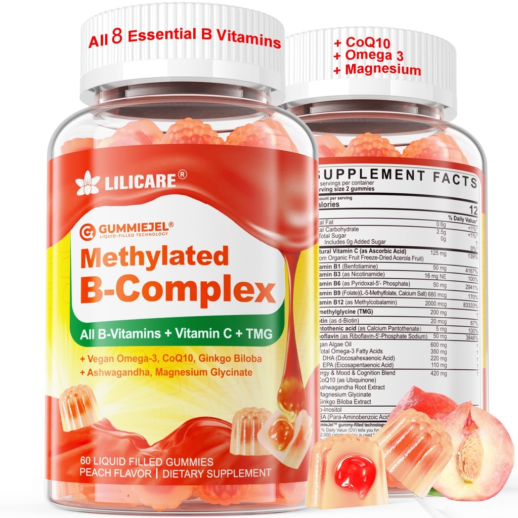 Super Methylated ויטמין B Complex Gummies - All B ויטמינים + אומגה 3, Magnesium, CoQ10, Ashwagandha,Vitamin C, TMG- For Women Men- Methyl B12 mcg, Methylfolate, B1, B2, B3, B5,B5, B7- סוכר חינם