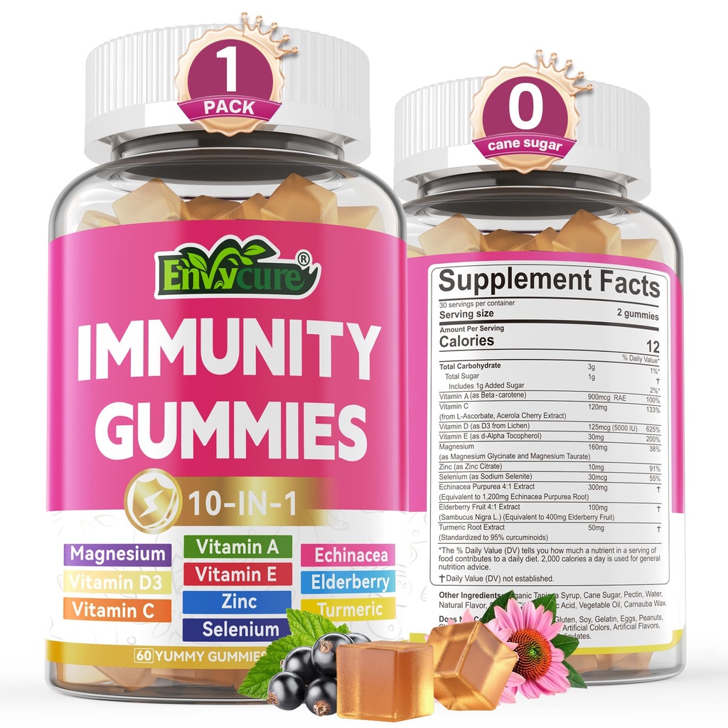 10 ב 1 Immune תומך חניכיים, w / Echinacea, Elderberry ויטמין C ו Zinc, Selenium, ויטמין D3 5000IU, Magnesium, Daily Immune Booster Multivitamin, עבור Antioxidant Bone Energy, 1 Pack