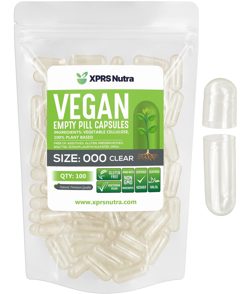 XPRS Nutra טבעוני גודל 000 קפסולות ריקות - 100 Count Clear טבעוני קפסולות - גלולות צמחוניות - קפסולת ירקות DIY מילוי - Veggie Caps Pills