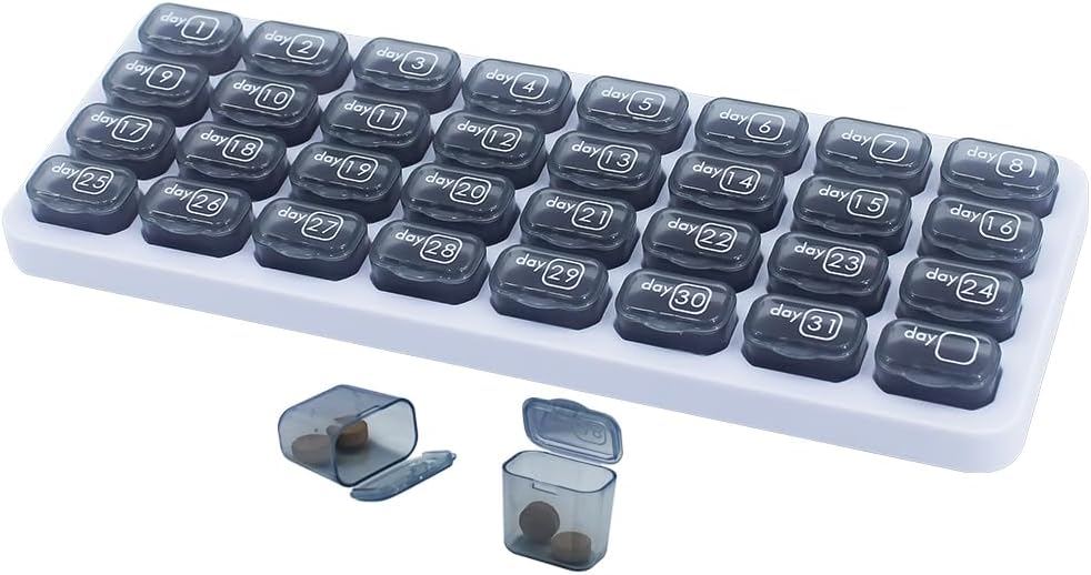 מארגנת גלולות חודשיות, כדור נסיעות גדול Box 31 יום, Daily Pill Case, Pill Holder Container עבור ויטמין, תרופות, תוסף, שמן דגים, אפור