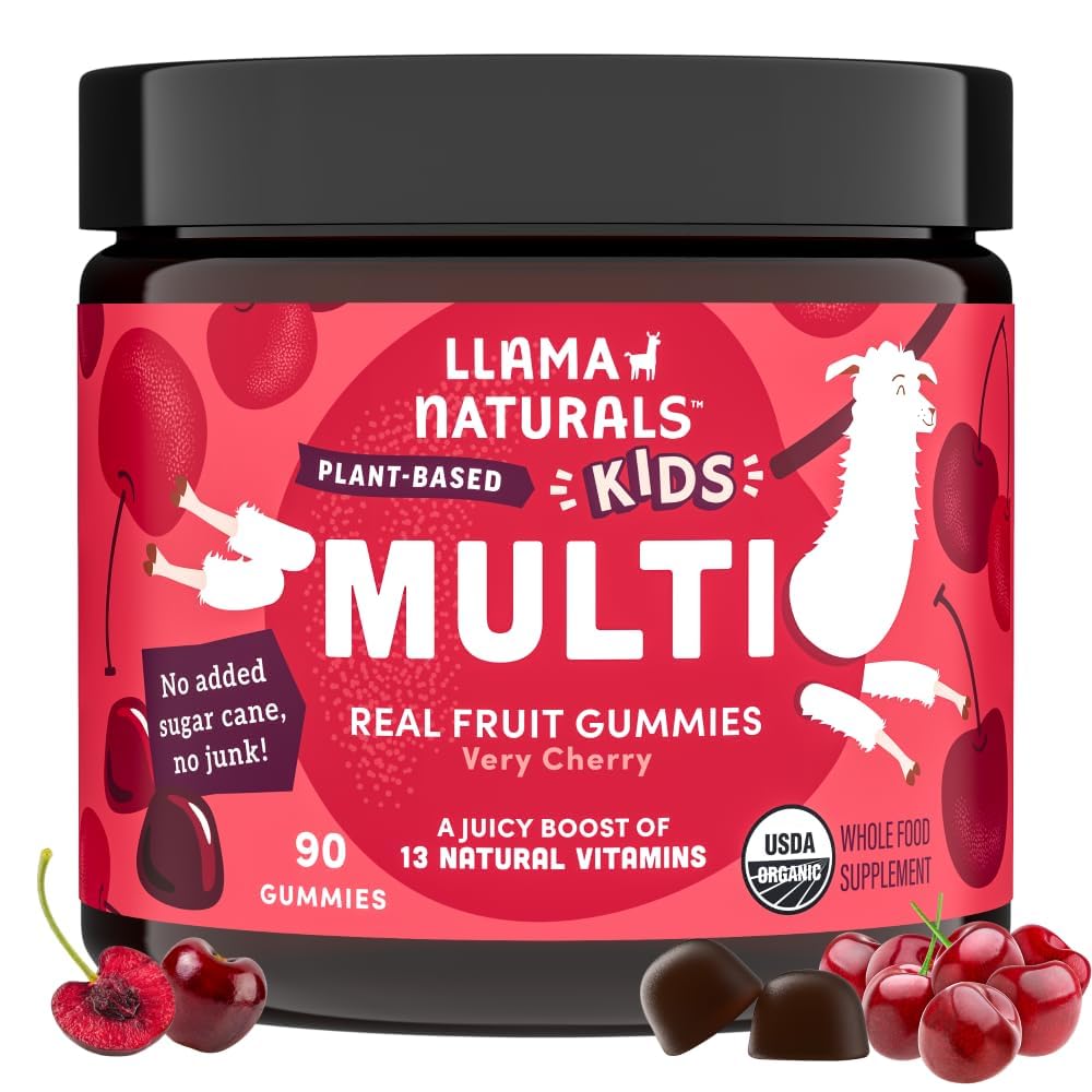 Llama Naturals Kids Multivitamin Gummies, טבעוני, אורגני עם ויטמין D, C & K, טודלר אמיתי פירות חניכיים ויטמין, תוספת צ'ילה, מזון רב ויטמין, לא תוספת סוכר Cane, צ'רי, 90 Cttler Real פירות Gummy ויטמינים, תוספי מזון שלם, כל מזון רב ויטמין, No added Sugar Cane, Cherry, 90 Ctttler
