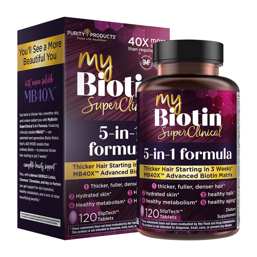מוצרים MyBiotin SuperClinical New 5-in-1 Elite Multivitamin + MB40X Biotin Matrix Multi - Thicker Hair החל ב 3 שבועות - 40X More Soluble לעומת רגיל שיער חולני - 120 טבליות