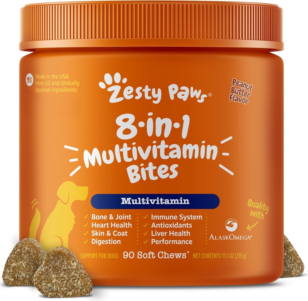 Zesty Paws Multivitamin מטפל לכלבים, Glucosamine Chondroitin תמיכה משותפת + Digestive Enzymes & Probiotics, Grain חינם כלבים תוספי ויטמינים ותוספים עבור Skin & Coat, Peanut Butter - 90ct
