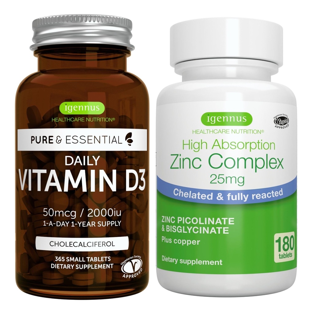 ויטמין D3 + Zinc Complex Vegetarian Bundle, 365 2000io ויטמין D3 Tablet + 25 מ"ג Chelated Zinc Picolinate & Bisglycinate עם Copper, על ידי Igennusss