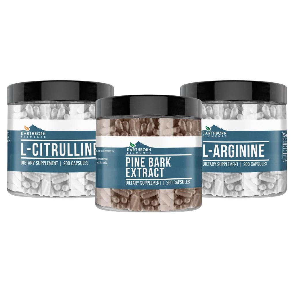 Earthborn Elements Pine Bark, L-Arginine, & L-Citrulline קפסולת Bundle, 200 קפסולות כל אחד, Pure & Undiluted, No Additives