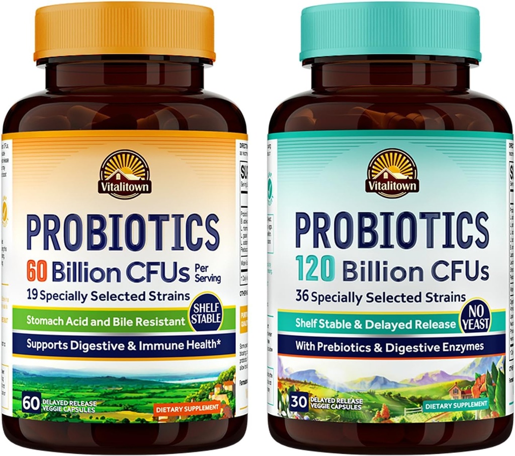 Vitalitown Probiotic Bundle (Pack of 2) | פרוביוטיקה 60 מיליארד CFUs (Item 1) & Probiotics 120 מיליארד CFUs (Item 2) | Shelf Stable | בריאות העיכול והחיסון | 30 יום אספקת כל יום