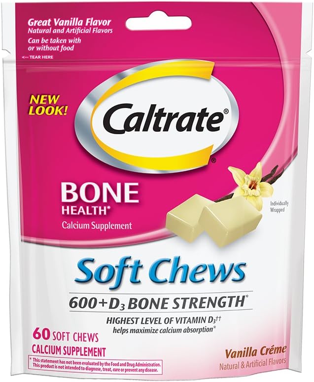 Caltrate 600+D3, Calcium ווויטמין D3 תוספת צ'יפס רך, 600 מ"ג (Vanilla Crème Flavor, 60 Count)