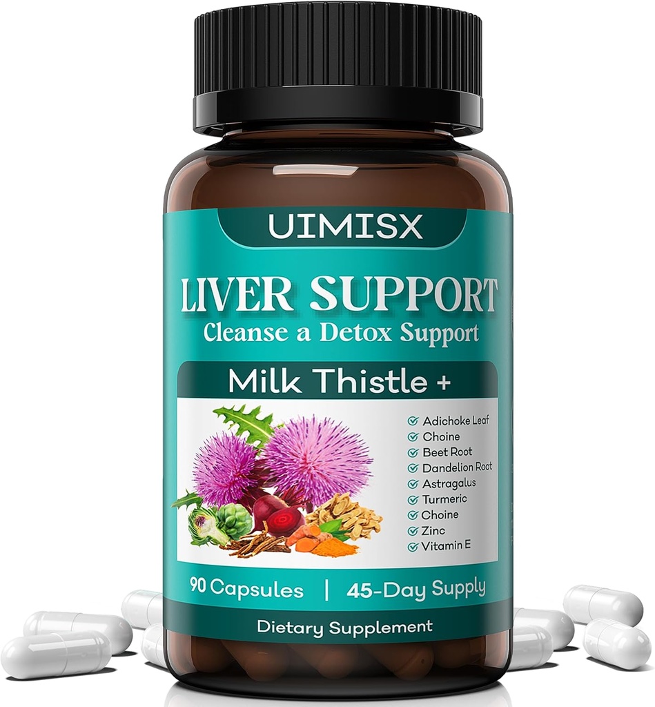 Milk Thistle תוסף - Liver Detox Cleanse Formula Herbal Liver Support with Milk Thistle, Dandelion Root, Artichoke, Turmeric, Astragalus for Liver Health, 90 קפסולות