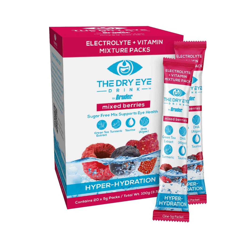 הנקה האולטימטיבית לעיניים יבשות l Sugar-Free Electrolyte אבקת Packets l מעורבב עם ויטמינים, תה ירוק, Turmeric, טאורין ו DHA 5g x 20 Packets (Mixed Berry)