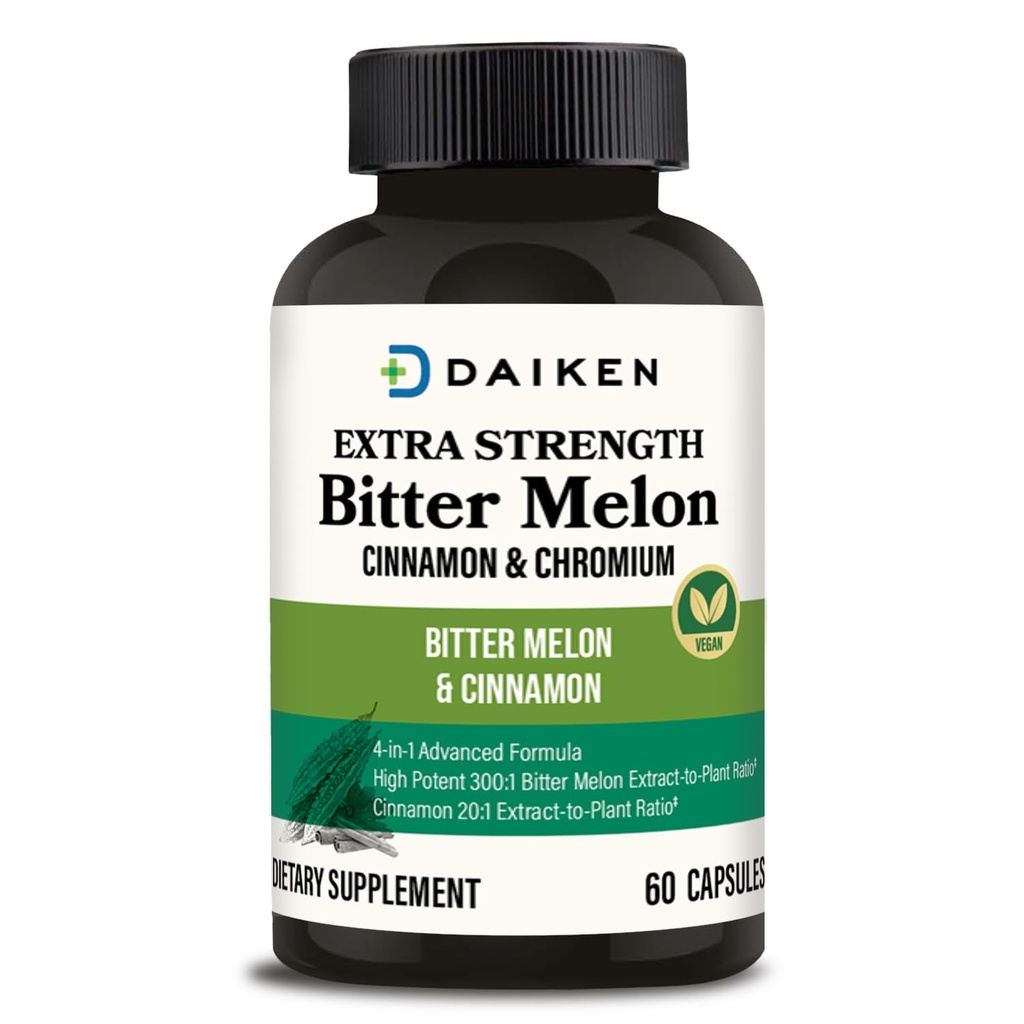 DAIKEN Bitter Melon, Cinnamon & Chromium, 90,000 מ"ג שווה ערך עבור כוח נוסף, 100% קפסולות Bitter Melon צמחוני עם Cinnamon Chromium & Zinc, 60 קפסולות