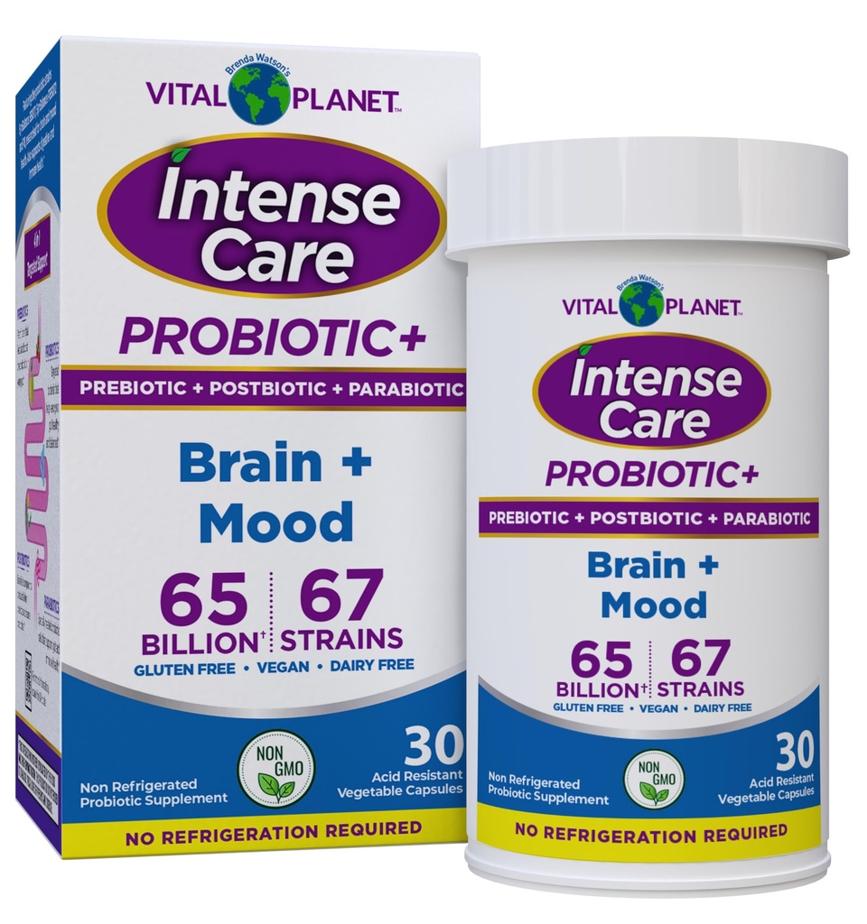 Vital Planet - Intense Care Brain & Mood Probiotics, אורגני Prebiotics, Postbiotics, Parabiotics, Complete 4in-1 בריאות תוספת למבוגרים, 65 מיליארד CFU, 67 סטרינס, Digestive ו Immune 30 ct.