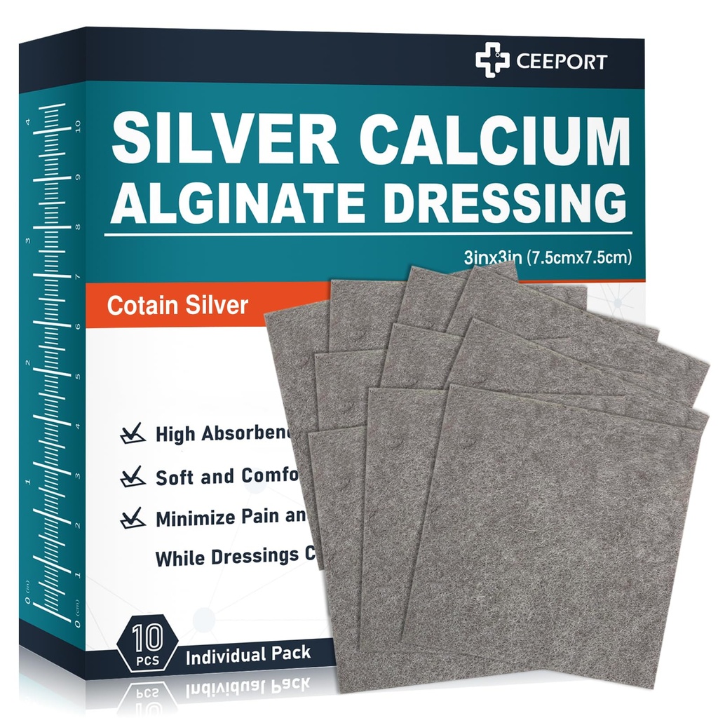 Ag Silver Calcium Alginate Wound Dressing Pads 3' x 3' (Pack of 10), Soft Highly Absorbent Silver Dressing, non-Adhesive Dressing for Wound Care, soless Removal Gauze Pads for Wounds