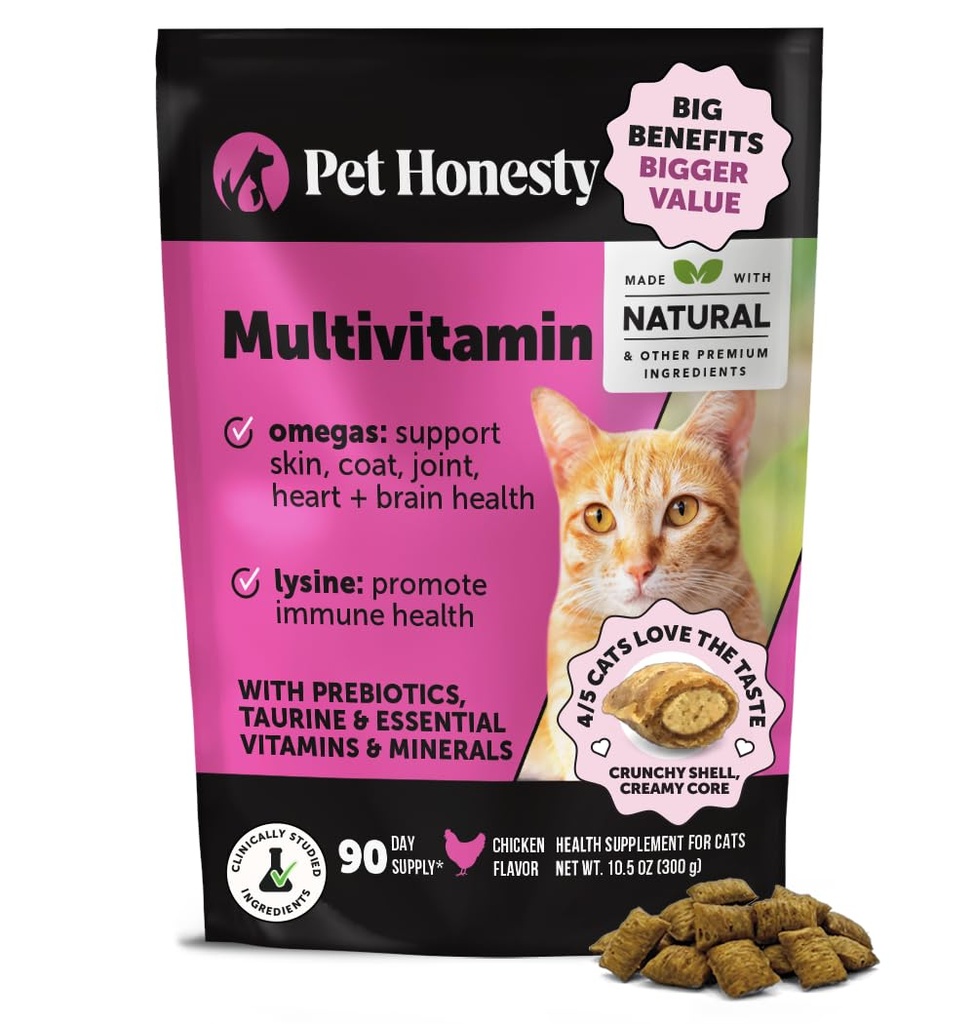 Cat Multivitamin Chews - Cat Treats for Health + Immune, Joint Support, Skin & Coat, and Digest - אומגה 3s, Lysine & Probiotics לחתולים, ויטמינים לחתולים - עוף (90 ימים אספקה)